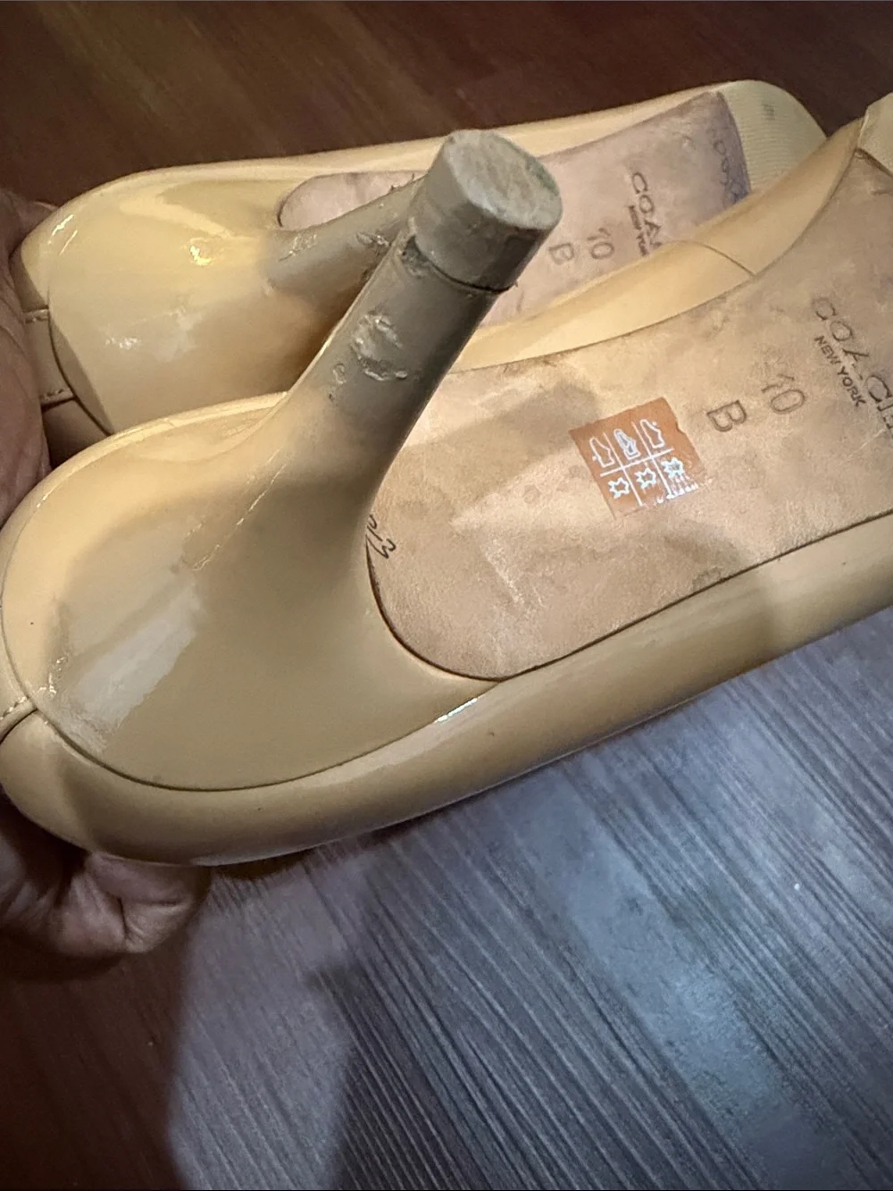 Coach Patent Leather Pointed Toe Pumps in Camel